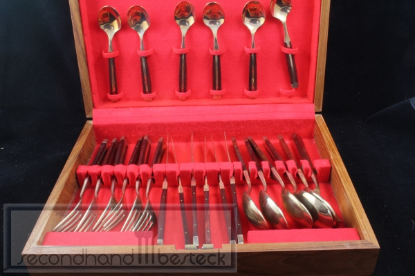 Bronzebesteck mit Rosenholz Griffen für 6 Personen 24 Teile Thailand im Holzkoffer
