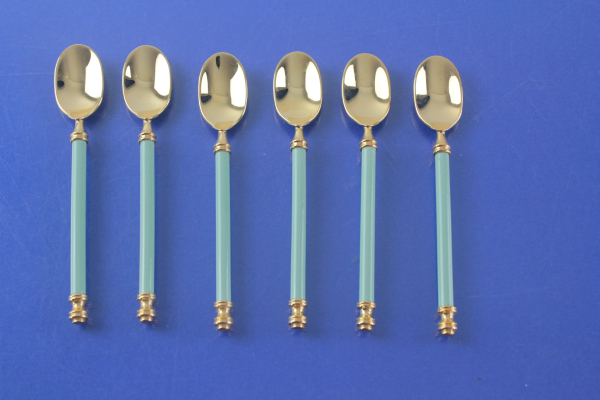 6 Mokkalöffel / Espressolöffel vergoldet, grüner Griff