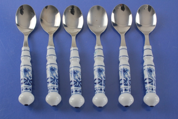 ABS DDR Zwiebelmuster 6 Kaffeelöffel Porzellangriff 18/10 Edelstahl