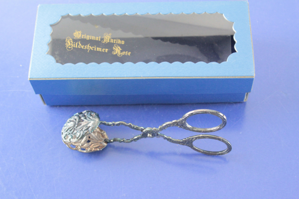 Antiko Hildesheimer Rose Pralinenzange Konfektzange versilbert OVP