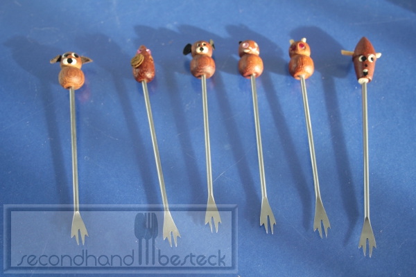 6 Cocktailspieße Tiere im Ständer Teakholz